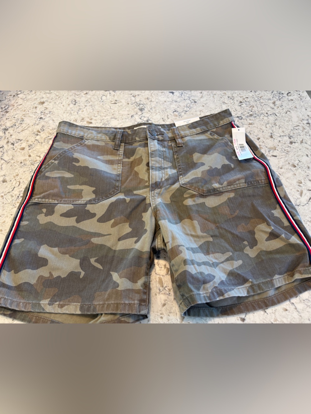 Miss Me Camouflage Utility Shorts with Red-White-Blue Side Stripe